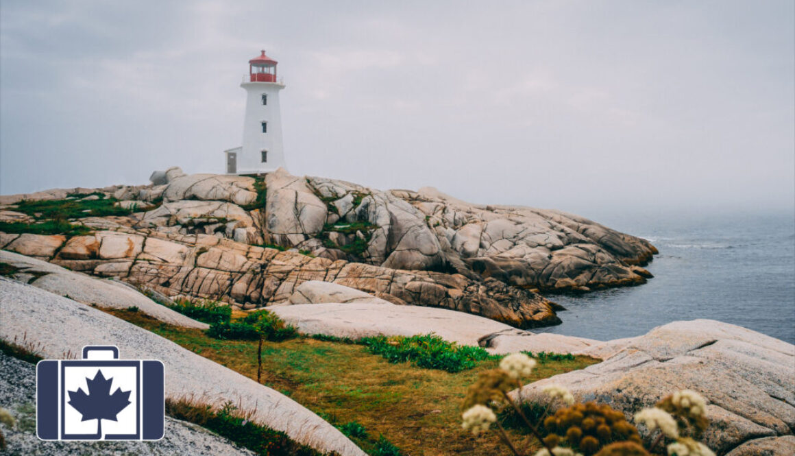 VisitorsInsurance.ca A photograph of a red capped lighthouse at Peggy's Cove surrounded by rugged coastal rocks under a gloomy sky.