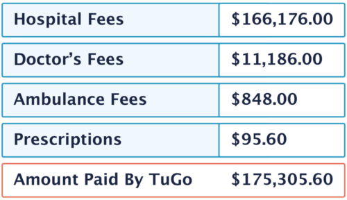 Ramon and his heart condition treatment cost. The items and costs are as follows: Hospital Fees: $166,176.00 Doctor’s Fees: $11,186.00 Ambulance Fees: $848.00 Prescriptions: $95.60 Amount Paid By TuGo: $175,305.60