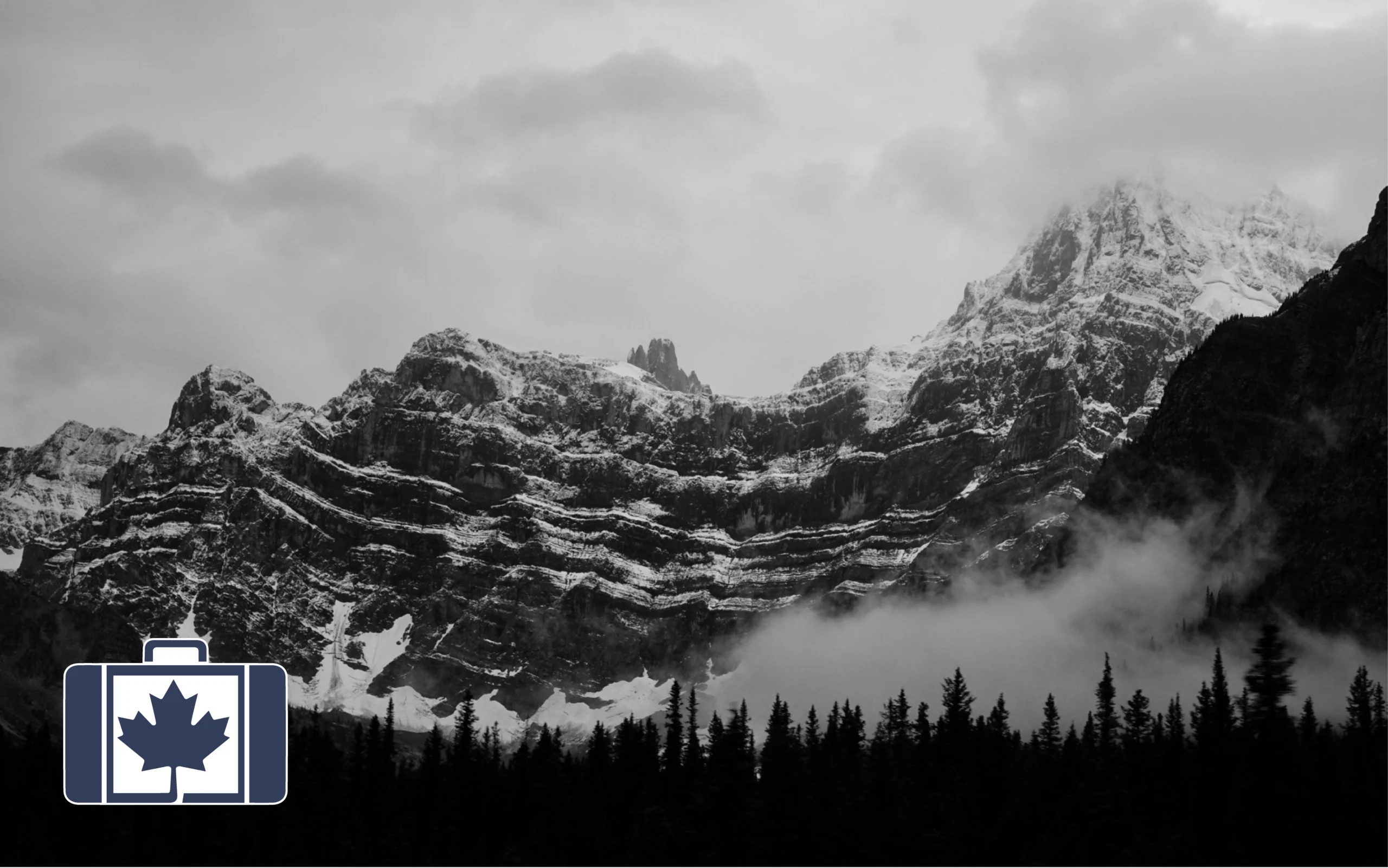 A black and white image of a landscape of the snow-dusted Rocky Mountains in Alberta, featuring prominent horizontal rock layers, low-lying fog over a dark pine forest silhouette.